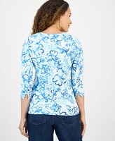 Style & Co Petite Floral Print Pima Cotton 3/4-Sleeve Top, Exclusively at Macy's