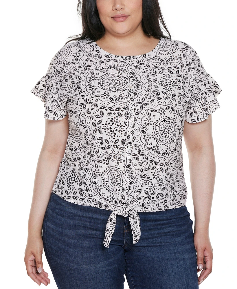 Belldini Plus Printed Eyelet Tie-Front Knit Top