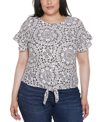 Belldini Plus Printed Eyelet Tie-Front Knit Top