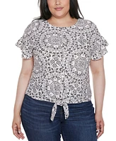 Belldini Plus Printed Eyelet Tie-Front Knit Top
