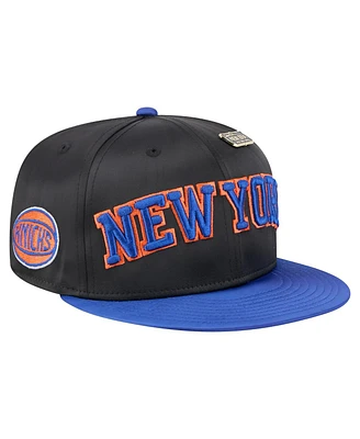 New Era Men's Black/Blue York Knicks Throwback Satin Vintage Pin Two-Tone 59FIFTY Fitted Hat