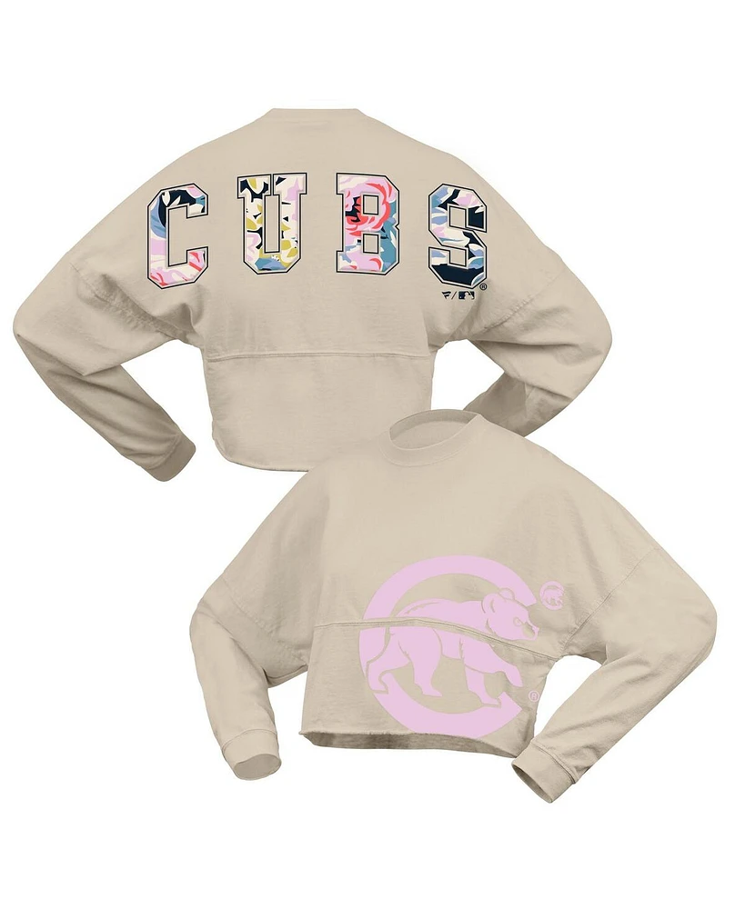 Fanatics Women's Cream Chicago Cubs Floral Preppy Cropped Long Sleeve T-Shirt