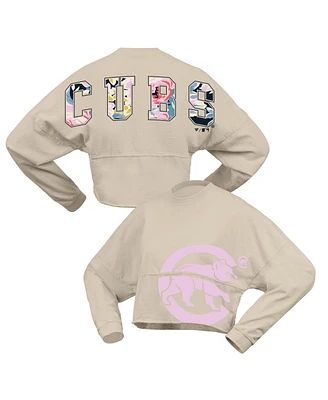 Fanatics Women's Cream Chicago Cubs Floral Preppy Cropped Long Sleeve T-Shirt
