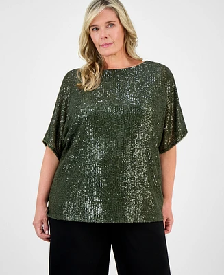 Anne Klein Plus Sequin Dolman-Sleeve Boat-Neck Top
