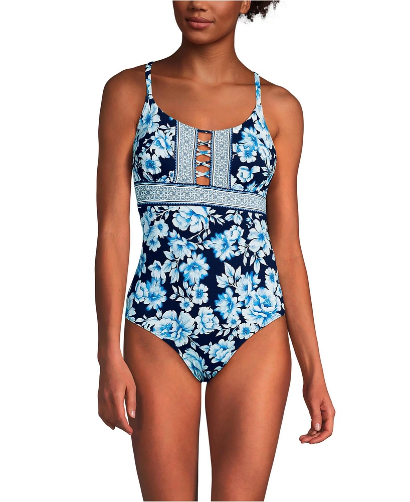 Lands' End Women's Long Lace Up One Piece Swimsuit