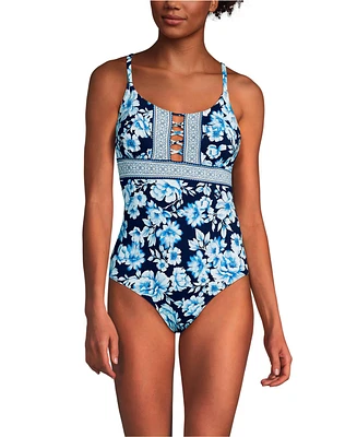 Lands' End Women's Long Lace Up One Piece Swimsuit