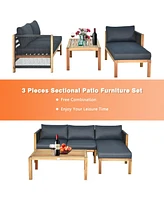 Gymax 3PCS Patio Acacia Wood Sofa Furniture Set Thick Cushion W/ Nylon Rope Armrest