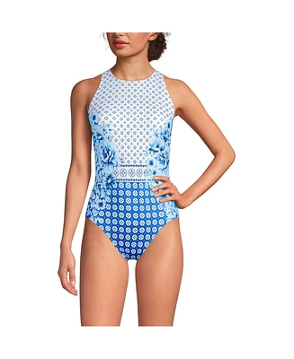 Lands' End Women's Long Tugless High Neck Portrait Back One Piece Swimsuit