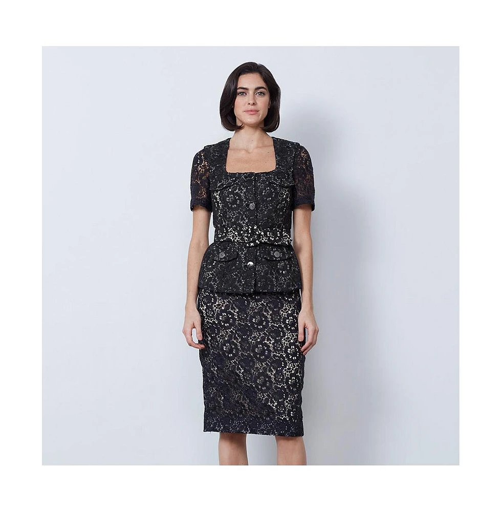 Etcetera Women's Black Floral Lace Skirt Ranunculus