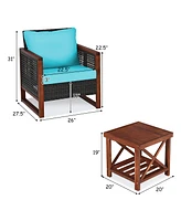 Gymax 3PCS Rattan Wicker Patio Conversation Set Outdoor Furniture Set w/ Turquoise Cushion
