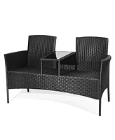 Gymax Rattan Wicker Patio Conversation Set w/ Table Turquoise Cushion
