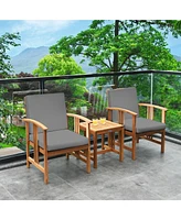 Gymax 3PCS Outdoor Patio Sofa Furniture Set Solid Wood Cushioned Conversation Set Grey