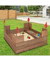 Gymax Solid Wood Kids Sandbox w/ 2 Bench Seats Outdoor Sandpit w/ Storage Box & Flags