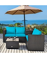 Gymax 4PCS Cushioned Rattan Patio Conversation Set w/ Side Table Turquoise Cushion