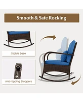 Gymax 3 Piece Outdoor Rocking Set Rattan Rocker Chairs w/ Tempered Glass Coffee Table