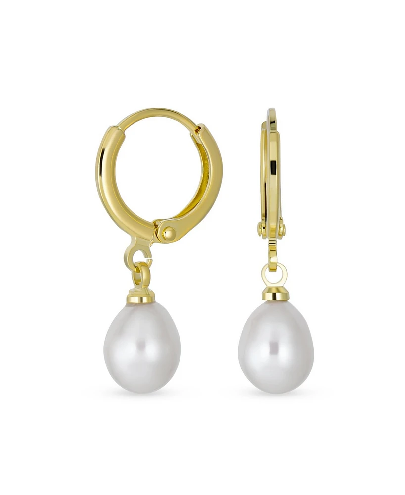 Bling Jewelry Classic Simple Yellow Gold Plated White Freshwater Cultured Pearl Pear Shape Teardrop Mini Hoop Huggie Drop Earrings