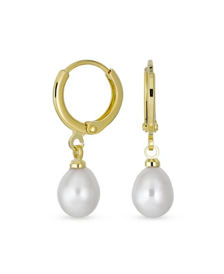 Bling Jewelry Classic Simple Yellow Gold Plated White Freshwater Cultured Pearl Pear Shape Teardrop Mini Hoop Huggie Drop Earrings