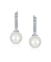 Bling Jewelry Simple Pave Cz Round White Simulated Pearl Drop Ball Huggie Earrings .925 Sterling Silver Hinge Closure