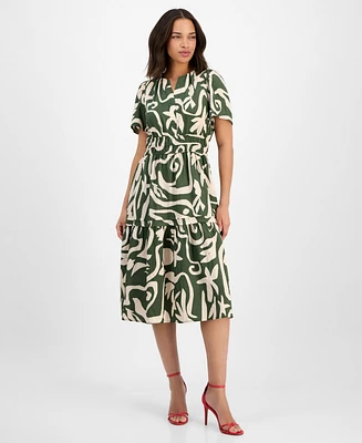Robbie Bee Women's Printed Smocked-Waist Midi Dress