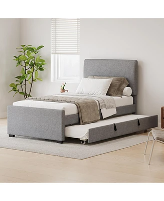 Twin Linen Platform Bed with Trundle, Padded Headboard, Grey