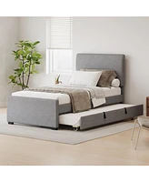 Twin Linen Platform Bed with Trundle, Padded Headboard, Grey