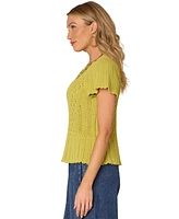 Democracy Petite Crochet Flounce-Sleeve Peplum Sweater
