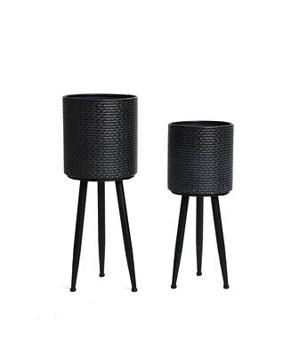 LuxenHome Set of 2 Black Dimpled Metal Cachepot Planters with Black Metal Legs