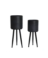 LuxenHome Set of 2 Black Dimpled Metal Cachepot Planters with Black Metal Legs