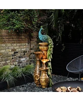 LuxenHome Resin Pedestal Peacock and Urns Outdoor Fountain