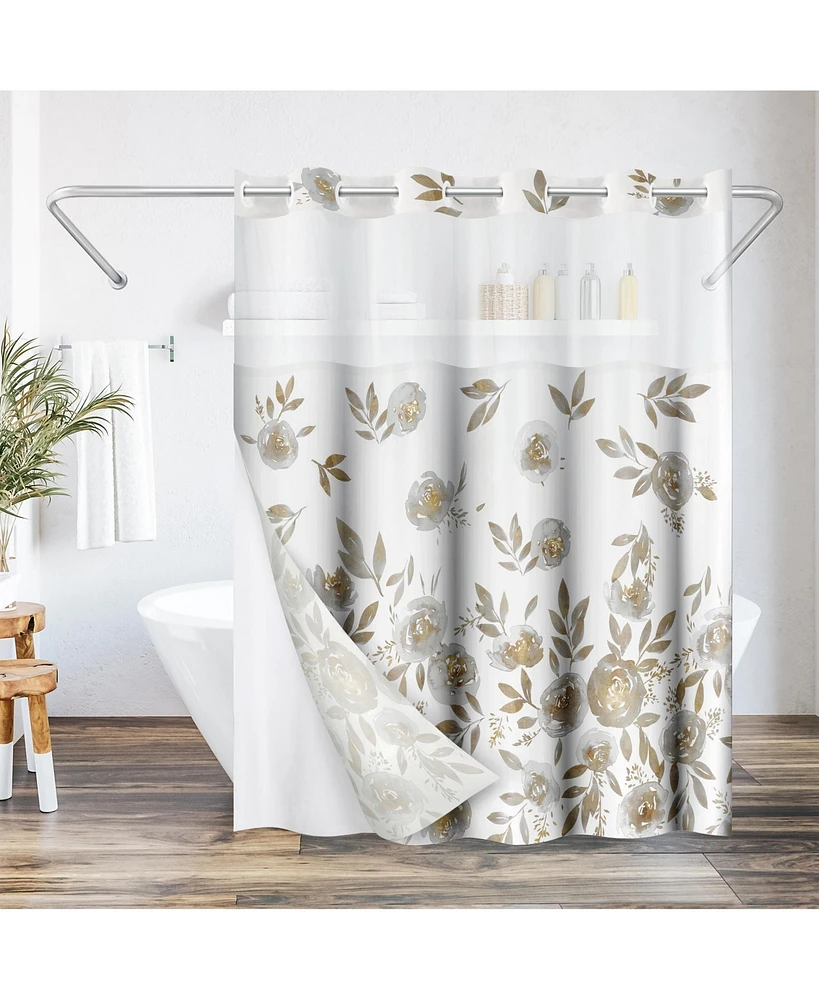 Americanflat 72x75 Hookless Shower Curtain - Floral Gold Grey Shower Curtain with Sheer Panel, Snap-In Liner, and Grommets - 100% Polyester
