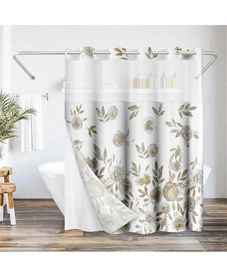 Americanflat 72x75 Hookless Shower Curtain - Floral Gold Grey Shower Curtain with Sheer Panel, Snap-In Liner, and Grommets - 100% Polyester