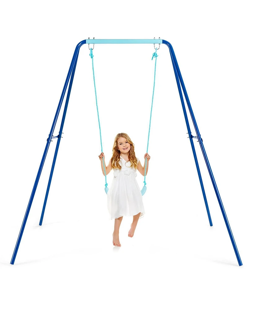 Outdoor Kids Swing Set with Heavy Duty Metal A-Frame and Ground Stakes