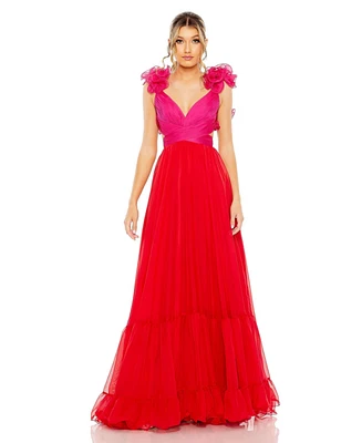 Mac Duggal Women's Ruffle Tiered Cut Out Lace Up Chiffon Gown