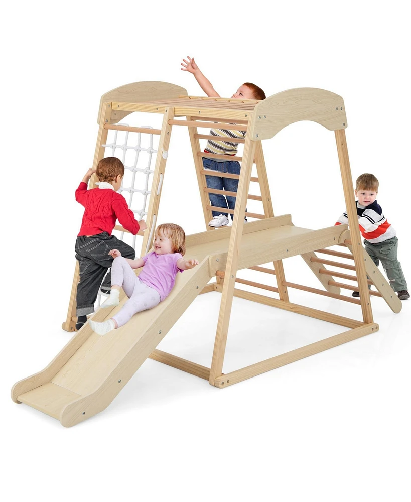 6-in-1 Indoor Jungle Gym Kids Wooden Playground with Monkey Bars