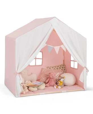 Kid's Play Tent with Washable Cotton Mat and Flag Banner