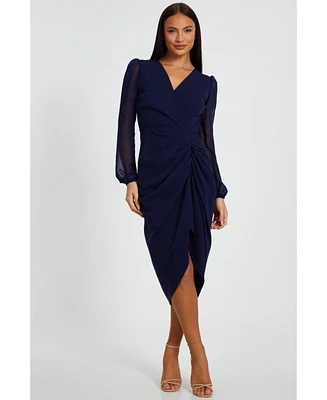 Quiz Women's Scuba Crepe Front Wrap Chiffon Sleeve Midi Dress