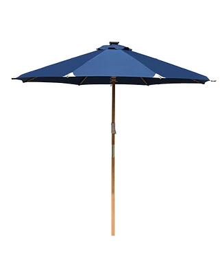 LAGarden Boho 32 Led 9Ft Wood Market Patio Umbrella with Solar Lights for Bar Hotel Resort Alfresco Dining Rooftop Restauran Navy Blue