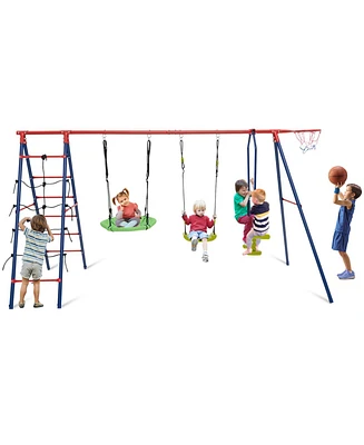 550 Lbs 6-in-1 Patio Kids Swing Set with Climbing Net and Ladder