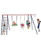 550 Lbs 6-in-1 Patio Kids Swing Set with Climbing Net and Ladder