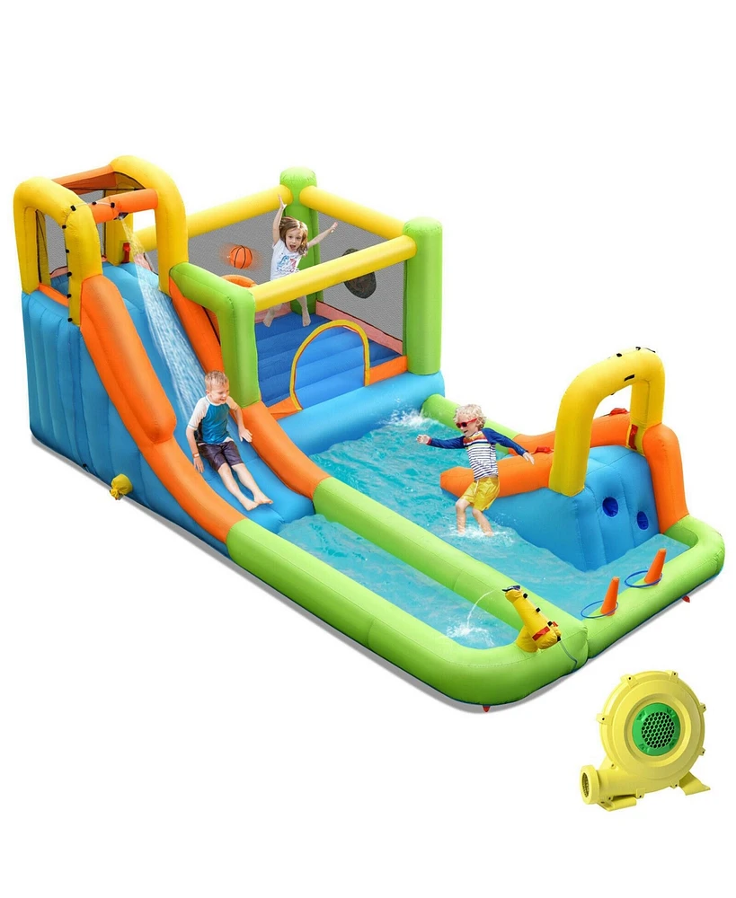 8-in-1 Inflatable Water Slide Bounce House with Splash Pool and 735W Blower