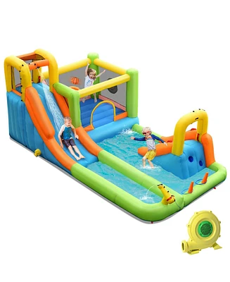 8-in-1 Inflatable Water Slide Bounce House with Splash Pool and 735W Blower