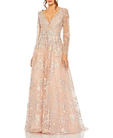 Mac Duggal Women's Embellished Wrap Over Illusion Long Sleeve A Line