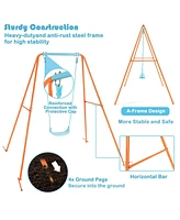 Outdoor Kids Swing Set with Heavy Duty Metal A-Frame and Ground Stakes