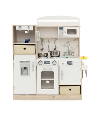 Kids Kitchen Playset with Adjustable Led Lights Removable Fabric Bins