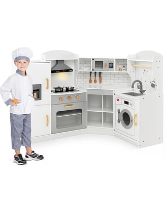 Corner Kids Play Kitchen with Washing Machine and Ice Maker Gift for Boys Girls
