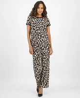 Ak Anne Klein Petite Back-Button Animal-Print Top
