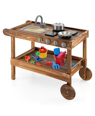 Outdoor Movable Mud Kitchen with 2 Rolling Wheels and 1 Push Handle