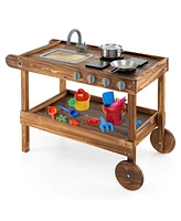 Outdoor Movable Mud Kitchen with 2 Rolling Wheels and 1 Push Handle