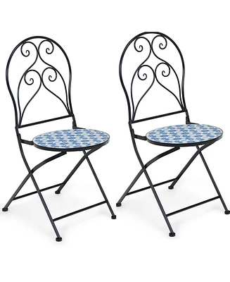 Gymax Set of 2 Folding Patio Bistro Chairs Mosaic Chairs Outdoor Dining Chairs