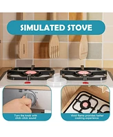 Wooden Kids Pretend Kitchen Playset Cooking Play Toy with Utensils and Sound